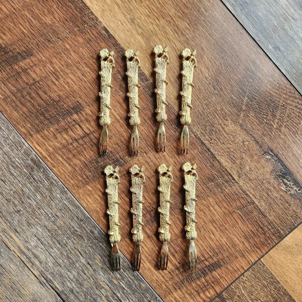 Vtg Janis Collection 24K Gold Plated Hors D'oeuvre Forks Rose Vine Set of 8 2”